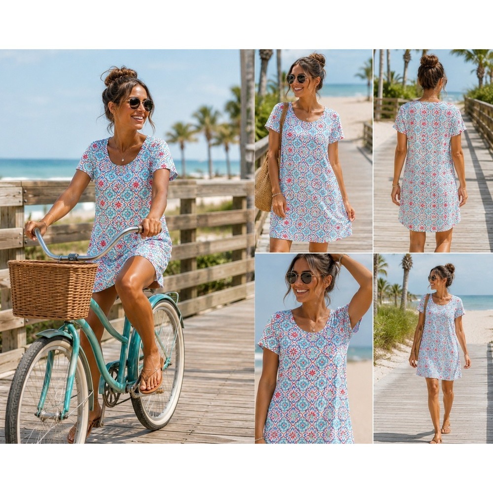 Aqua et Sol Short Sleeve Beach Dress M UPF 50+ Turquoise Pink Teal‎ Floral NWOT